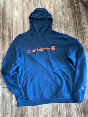 🌸 Carhartt Men’s Blue Hoodie with Orange Script